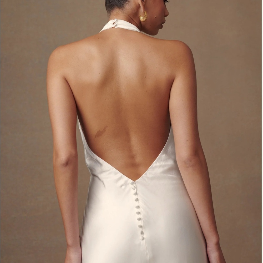 Meshki Ivory Satin Backless Halter Dress